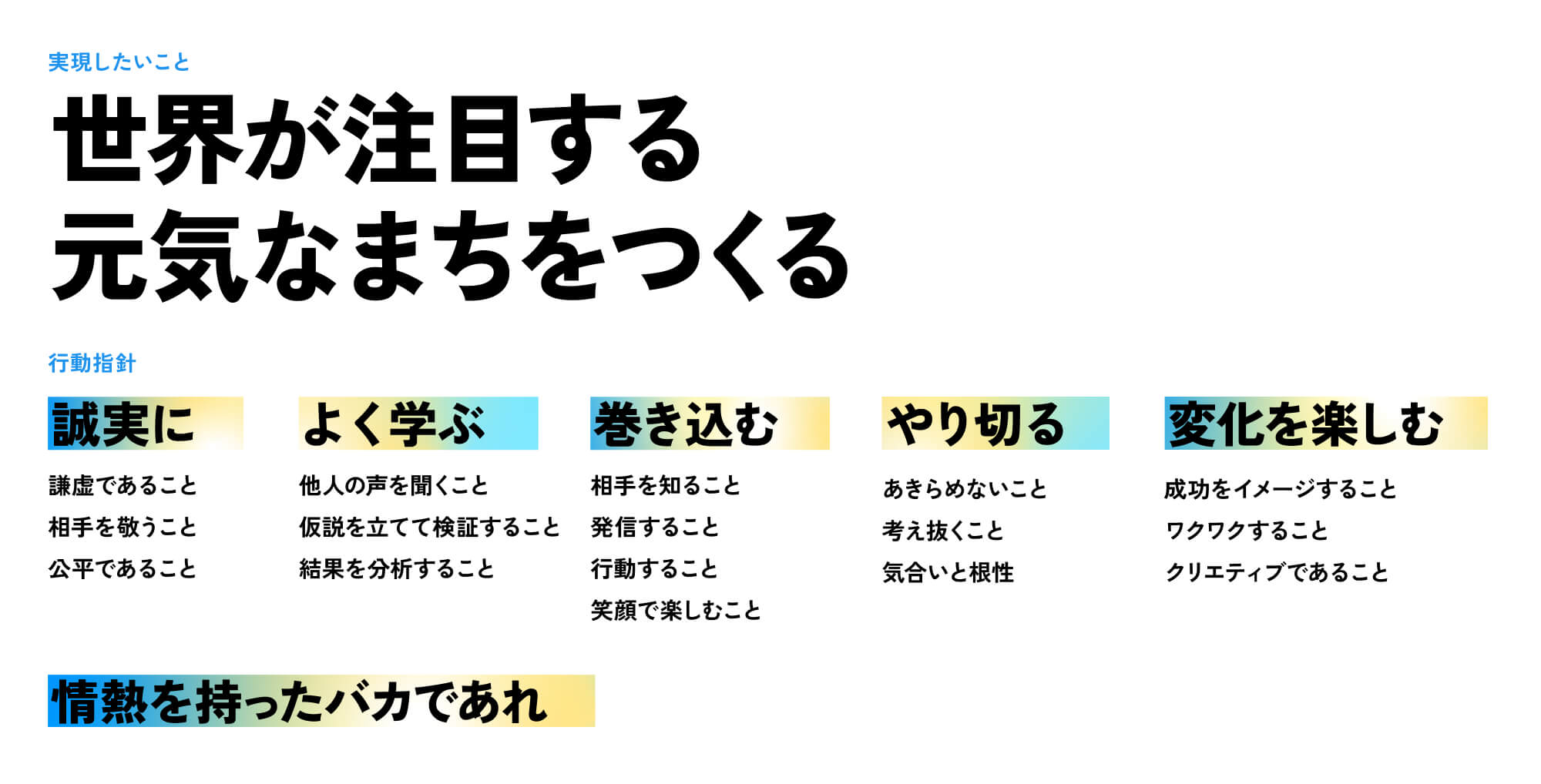 実現したいこと 世界が注目する 元気なまちをつくる 行動指針 誠実に 謙虚であること 相手を敬うこと 公平であること よく学ぶ 他人の声を聞くこと 仮説を立てて検証すること 結果を分析すること 巻き込む 相手を知ること 発信すること 行動すること 笑顔で楽しむこと やりきる あきらめないこと 考え抜くこと 気合いと根性 変化を楽しむ 成功をイメージすること ワクワクすること クリエティブであること 情熱を持ったバカであれ